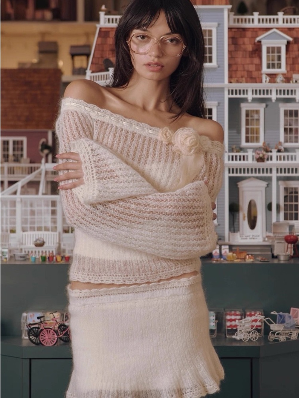 Mirror Palais little lamb off-shoulder knit top + mini skirt in creme